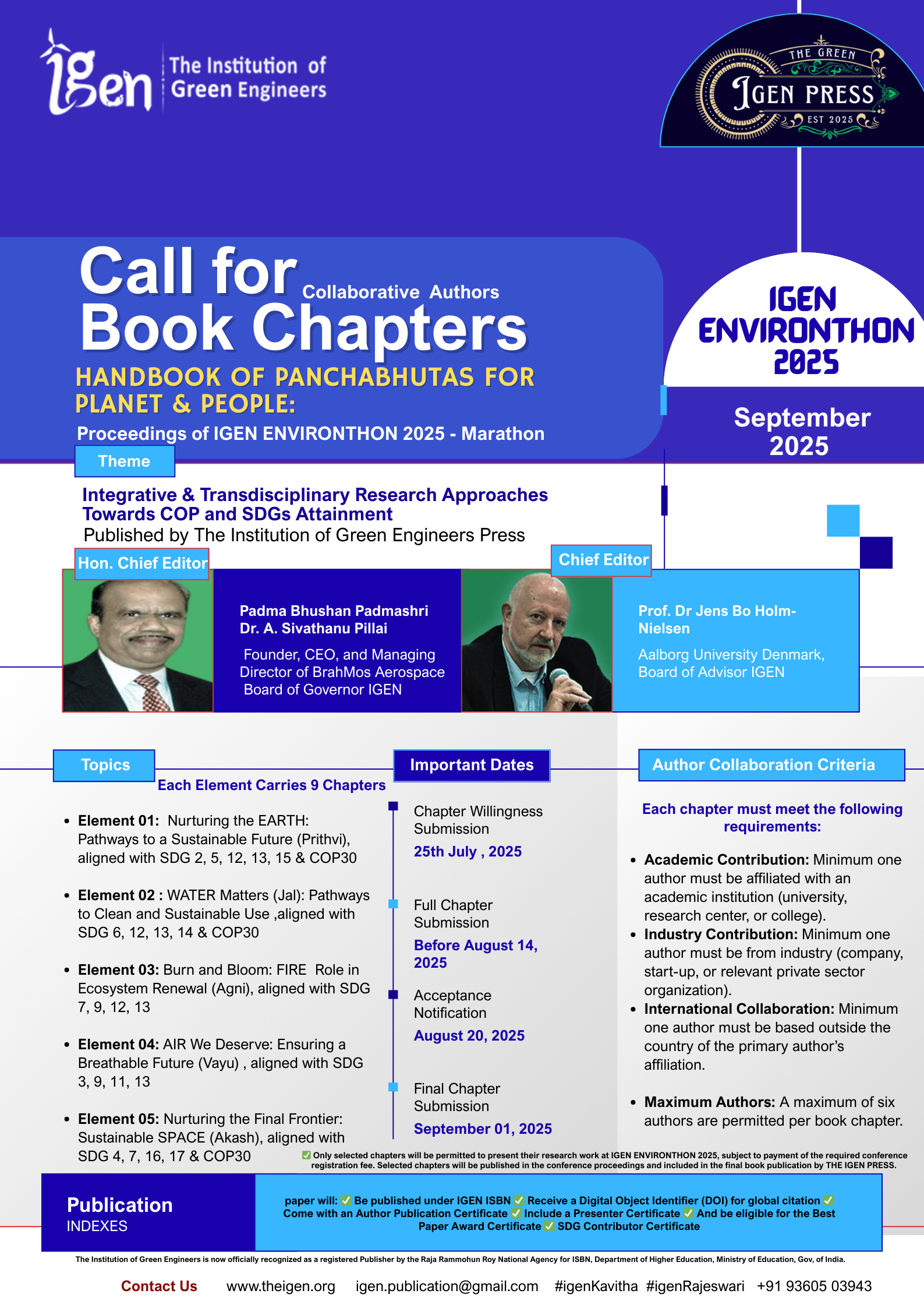 π Invitation to Contribute IGEN first Book Chapters and Be a Changemaker for the Panchabhutas
